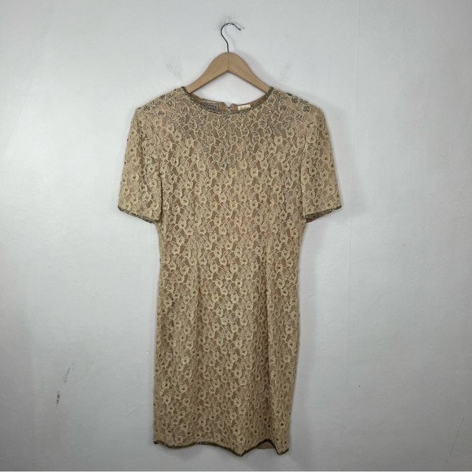 Vintage Stenay Beaded Pearl Ivory Floral Lace Dress Size 8